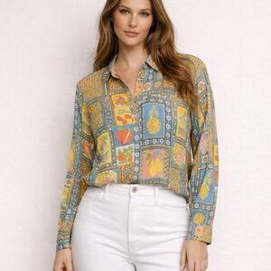 Whimsical Patchwork  Mosaic Print Shirt XL